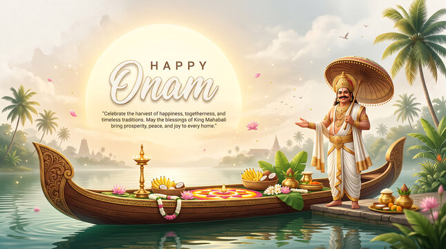 Traditional festival celebration with king with depicts cultural festival scene king standing decorated boat illustration watercraft background