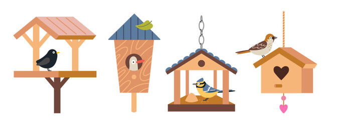 Collection of birdhouses, nesting boxes and bird feeders with garden birds. Flat vector set for wildlife, gardening, backyard and nature themed designs © WinWinFolly