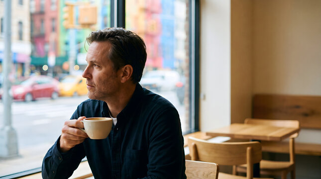 Middle aged man holding coffee cup while gazing thoughtfully by window in caf&eacute;