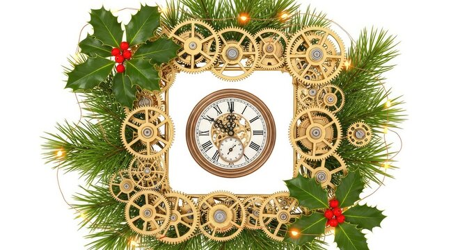 An intricate clockwork frame featuring golden gears and a vintage clock face surrounded by festive holly, pine branches, and warm lights, engineering, decorative, glowing