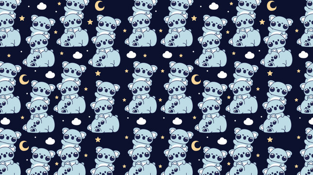 Seamless pattern featuring cute cartoon koalas, yellow crescent moons, and small white clouds on a dark blue background