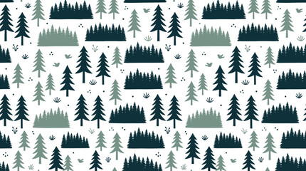 Seamless pattern featuring stylized pine trees and small birds in dark green and sage tones on a white background © MDFERDOUS
