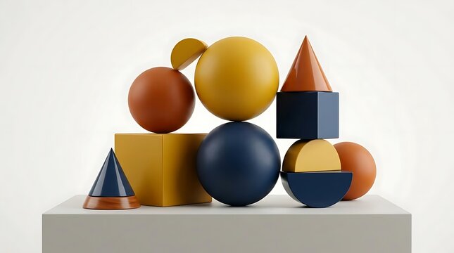 Colorful 3D geometric shapes on white pedestal.