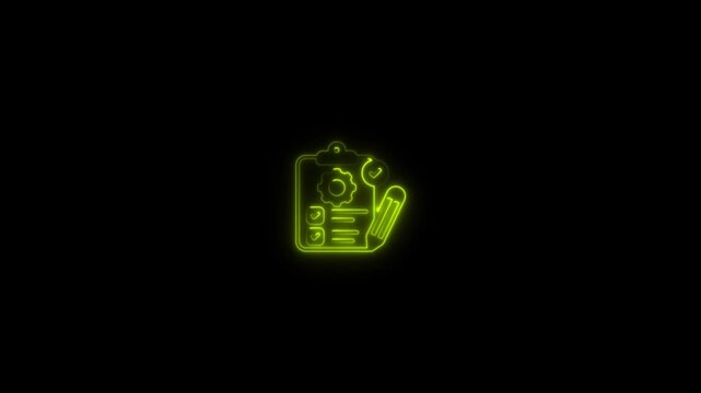 Glowing Neon Yellow  Technical Report Clipboard Icon Animation Loop on Black Background for Project Planning, Maintenance Checklist, Service Quality, and Business Management Concept 4k stock  video. 