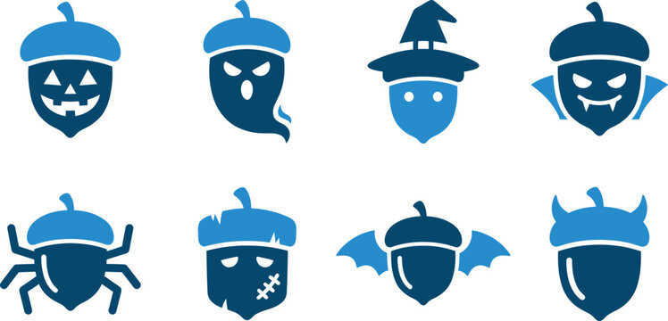Halloween Acorn Monster Icon Set. Pumpkin acorn, ghost acorn, witch hat acorn, vampire dracula, spider acorn, frankenstein, bat wings, devil horns, vector graphic elements