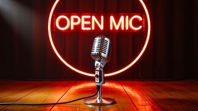 Open mic stage with vintage microphone under glowing neon sign for live performance