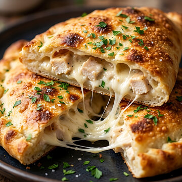 Fresh baked chicken calzone with melted cheese on a plate
