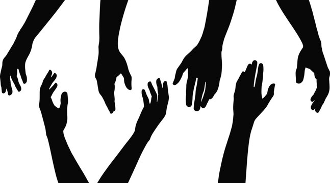 Black silhouette of multiple hands reaching down and up on a white background vector illustration