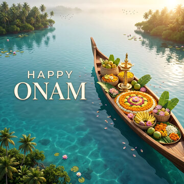 Traditional boat loaded with fresh fruits and floral offerings on serene tropical waters during celebration with showcases beautifully decorated wooden boat filled vibrant fruits
