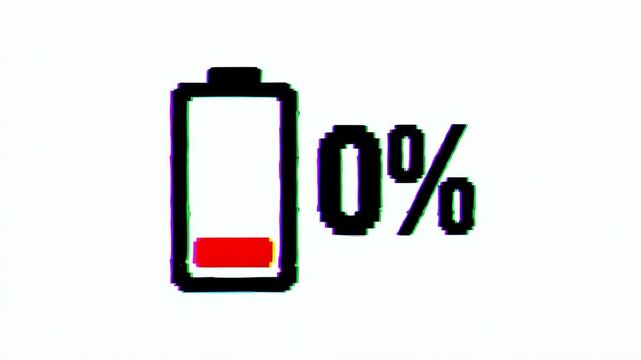 Battery icon showing low charge at zero percent with glitch effect for power and energy content
