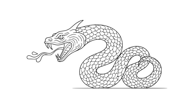 Detailed Coiled Serpent Dragon Line Art Illustration with Sharp Fangs and Scales