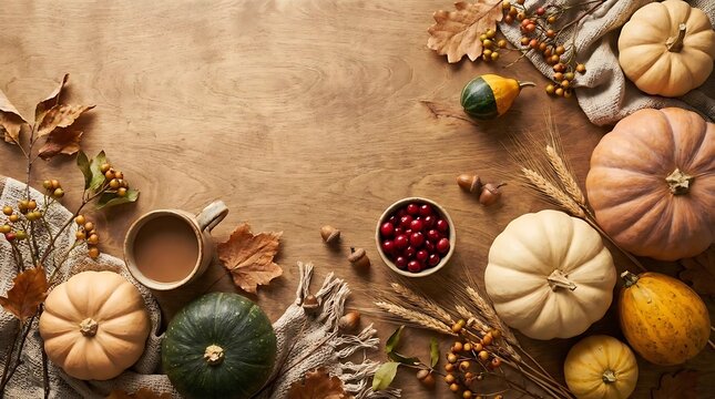 Fall flat lay with pumpkins leaves and coffee mug.