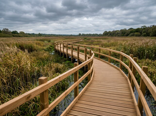 Obraz premium Wooden boardwalk through wetlands | Scenic marshland nature trail | Winding path over swampy terrain | Outdoor park with raised walkway