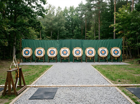 outdoor archery range in forest | archery targets for shooting practice | recreational field archery course | row of traditional archery targets