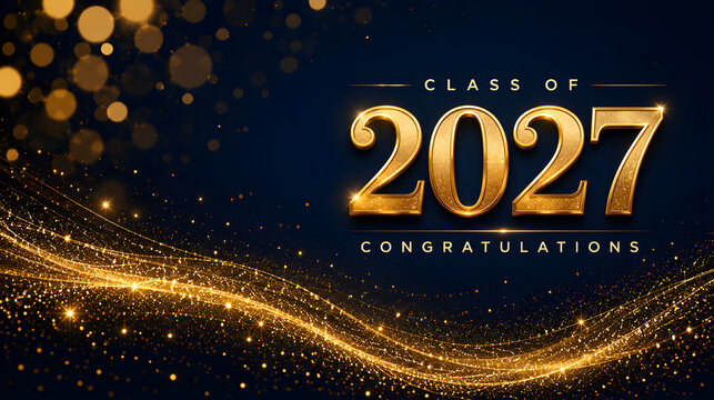 Luxurious gold class of 2027 congratulations background with glowing particles and bokeh lights