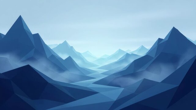 Low poly mountain landscape panning slowly in blue tones for nature and travel background