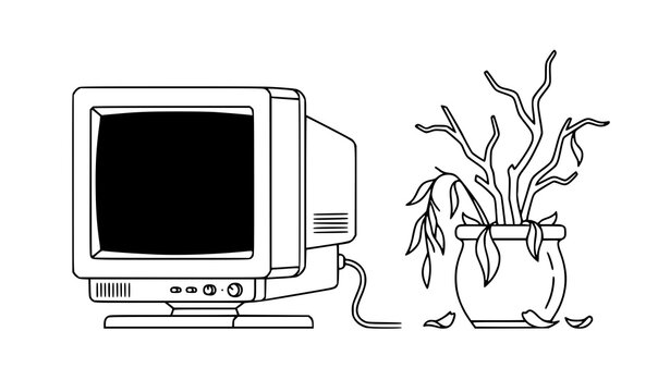 Vintage CRT Monitor and Withered House Plant Minimal Vector Illustration