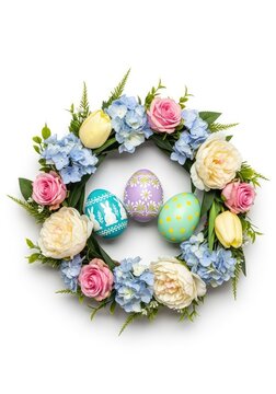 A delicate circular wreath of pastel flowers and green leaves surrounds hand-painted easter eggs, isolated on a clean white background, delicate, festive, organic