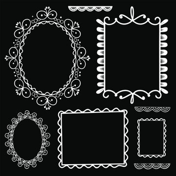White whimsical lace frames. rectangle shapes, Oval with vintage elegance decorated with whimsy squiggles, lines