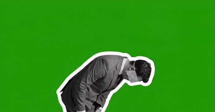 Blindfolded Businessman Bowing on Green Screen Collage Style