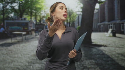 Fototapeta premium Hispanic woman holding blue clipboard brushes hair and blows a kiss on a cobblestone street; playful confidence.