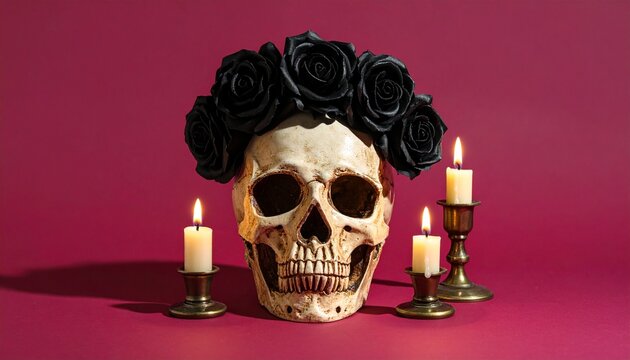 Golden Skull with Black Roses and Candles Symbolizing Gothic Elegance and Mystery