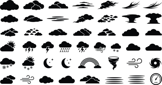 Weather forecast and meteorology black solid glyph icon set vector featuring stormy rain clouds lightning tornado rainbow and wind conditions,