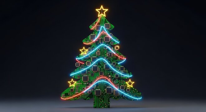 A futuristic Christmas tree created from intricate green circuit board patterns with glowing neon LED lights and golden microchip stars, data, celebration, green
