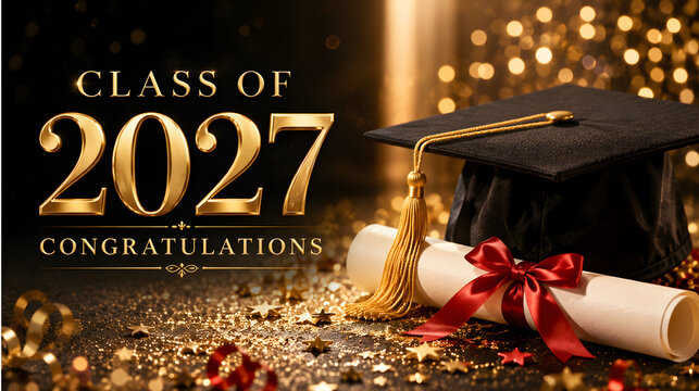 Class of 2027 graduation celebration with golden diploma and mortarboard on dark background