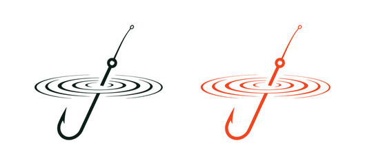 Fishing Bobber And Fish Hook Icon, Floating Float With Fishing Line, Water Ripple And Go Fishing Day Vector Illustration. © HossenMuhammod MunnA