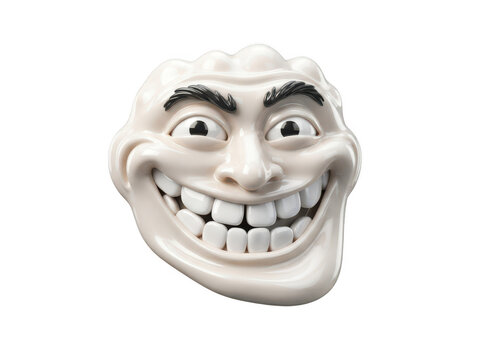 Glossy white troll face mask isolated on transparent background. Funny meme concept for internet jokes.
