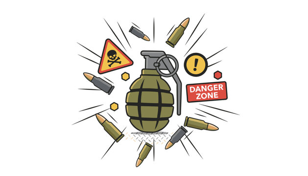 Military hand grenade surrounded by various flying ammunition bullets and colorful danger zone warning signs.