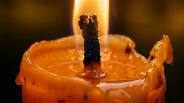 Burning candle flame flickering in close up macro shot for spiritual and meditation content