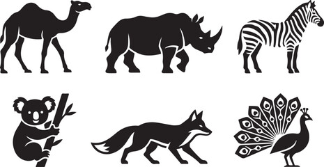 Set of black silhouette wild animals including camel rhino zebra koala fox and peacock icons © OMESA