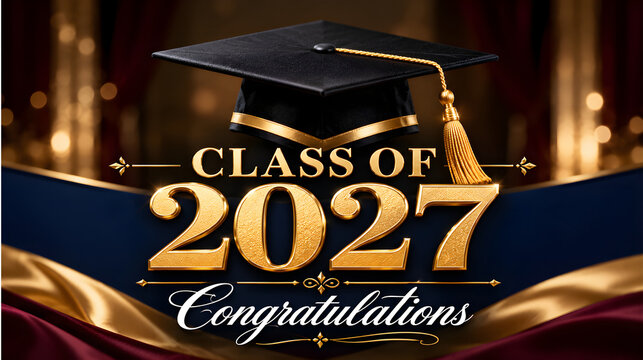 Elegant class of 2027 graduation banner with gold typography and mortarboard on dark fabric