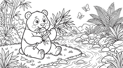 Cute panda bear eating bamboo leaves by a peaceful river in the forest coloring page © OMESA