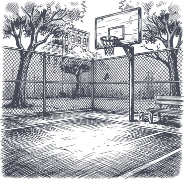 hand drawn style illustration of an outdoor urban basketball court scene with hoop, fence, trees, building, bench, and trash can. the dark blue vector image contains no white fills