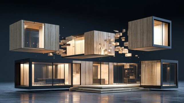 Modular house is displayed with its elements separated and floating in design order in dark studio setting for architectural presentation.
