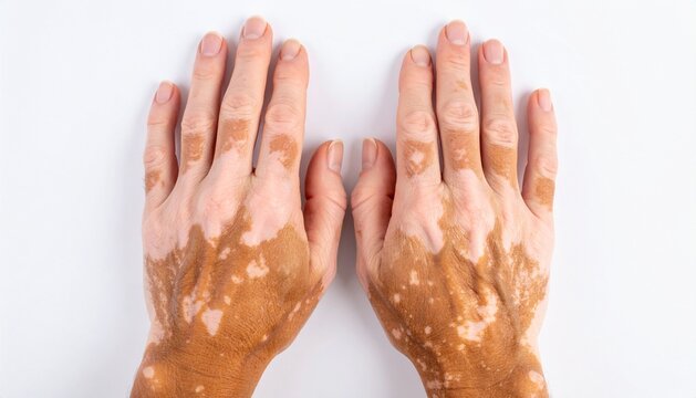 Vitiligo Skin Condition on Senior Hands with White Depigmentation Patches