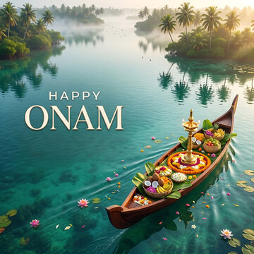 Traditional wooden boat floating on turquoise water with festive yellow marigold flowers fruits coconuts with carrying colorful flowers golden lamp floating