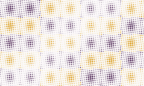 Abstract geometric pattern with purple and gold halftone dots on a white background