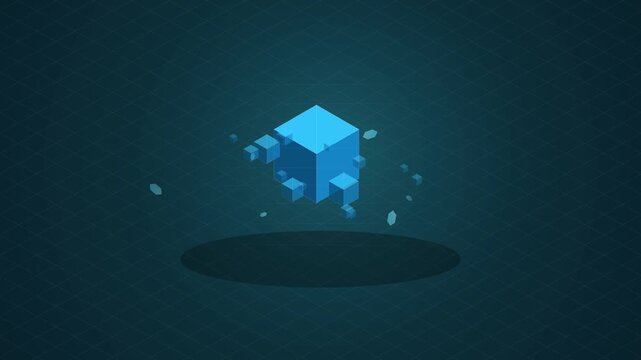 Abstract blue floating pixel cube disintegrating into small blocks on dark background digital technology concept