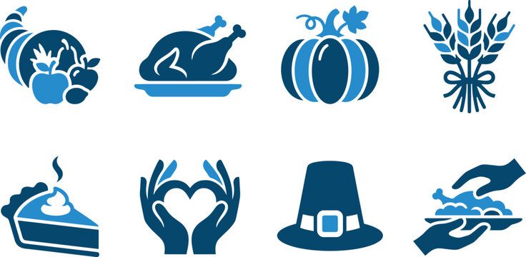 Thanksgiving Autumn Harvest Icon Set. Cornucopia horn of plenty, roasted turkey, pumpkin, wheat bundle, pie slice, heart hands, pilgrim hat, serving food hands, vector graphic elements