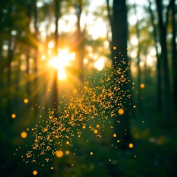 Golden dust particles floating in forest sunbeams at sunset