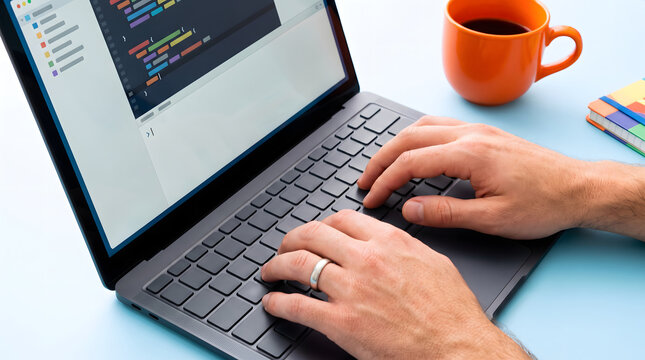 Programmer typing code on laptop keyboard while working at desk with coffee cup nearby