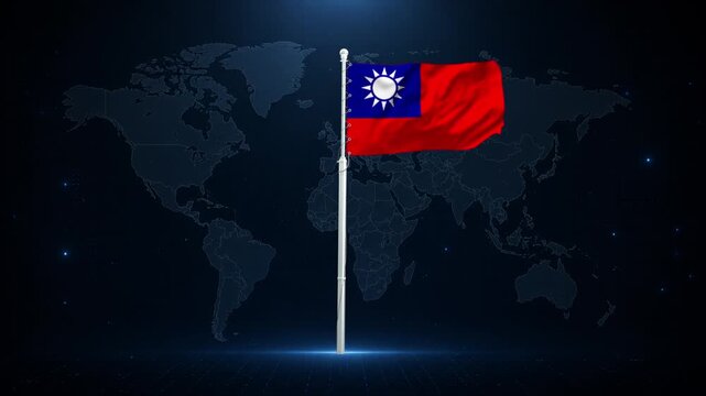 Taiwan flag waving in space with world map background. National pride and global connectivity concept.