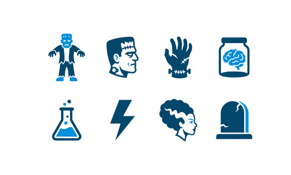 Frankenstein Monster Halloween Icon Set. Standing monster, frankenstein head, stitched hand, brain in jar, science flask, lightning bolt, bride of frankenstein, cracked tombstone, vector graphic eleme