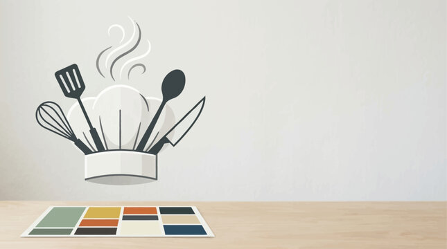 Chef hat with kitchen utensils icon. Culinary logo design with cooking tools and steam.