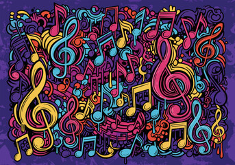Naklejka premium Vibrant abstract musical notes and treble clefs pattern, doodle art style, concept for music promotion, creative design and entertainment advertising.