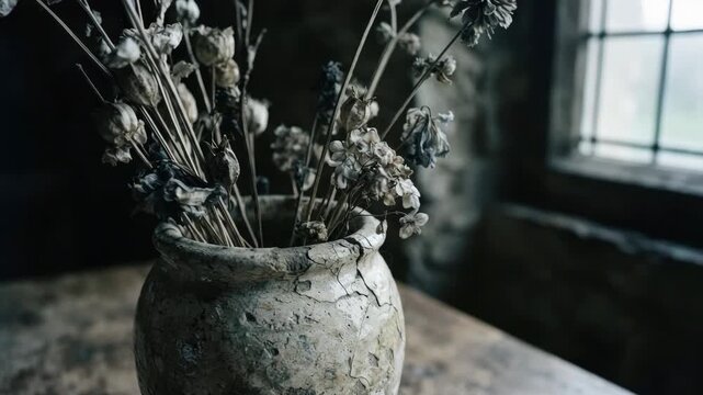 Dried flowers in cracked ceramic vase on rustic table near window for moody vintage content